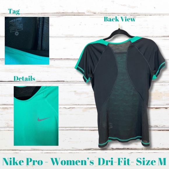 Nike Pro Womens Dri Fit Shirt Green and Black with Sheer Back Size Medium - Picture 3 of 7